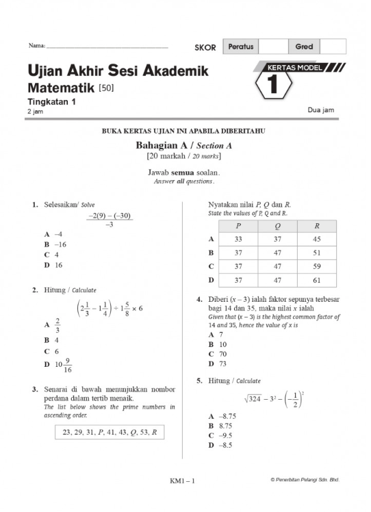 SKOR A UASA KSSM 2024 MATEMATIK TG 1 - No.1 Online Bookstore & Revision ...